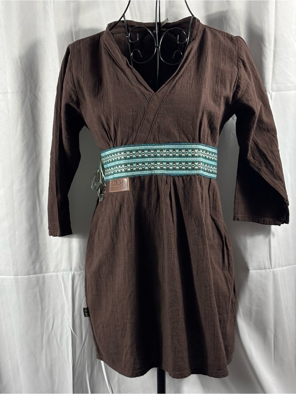 Brown Long-Sleeve V-Neck Dress with Teal Embroidered Waistband